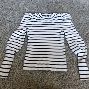 purple and white striped knit mock neck long sleeve, balloon sleeve